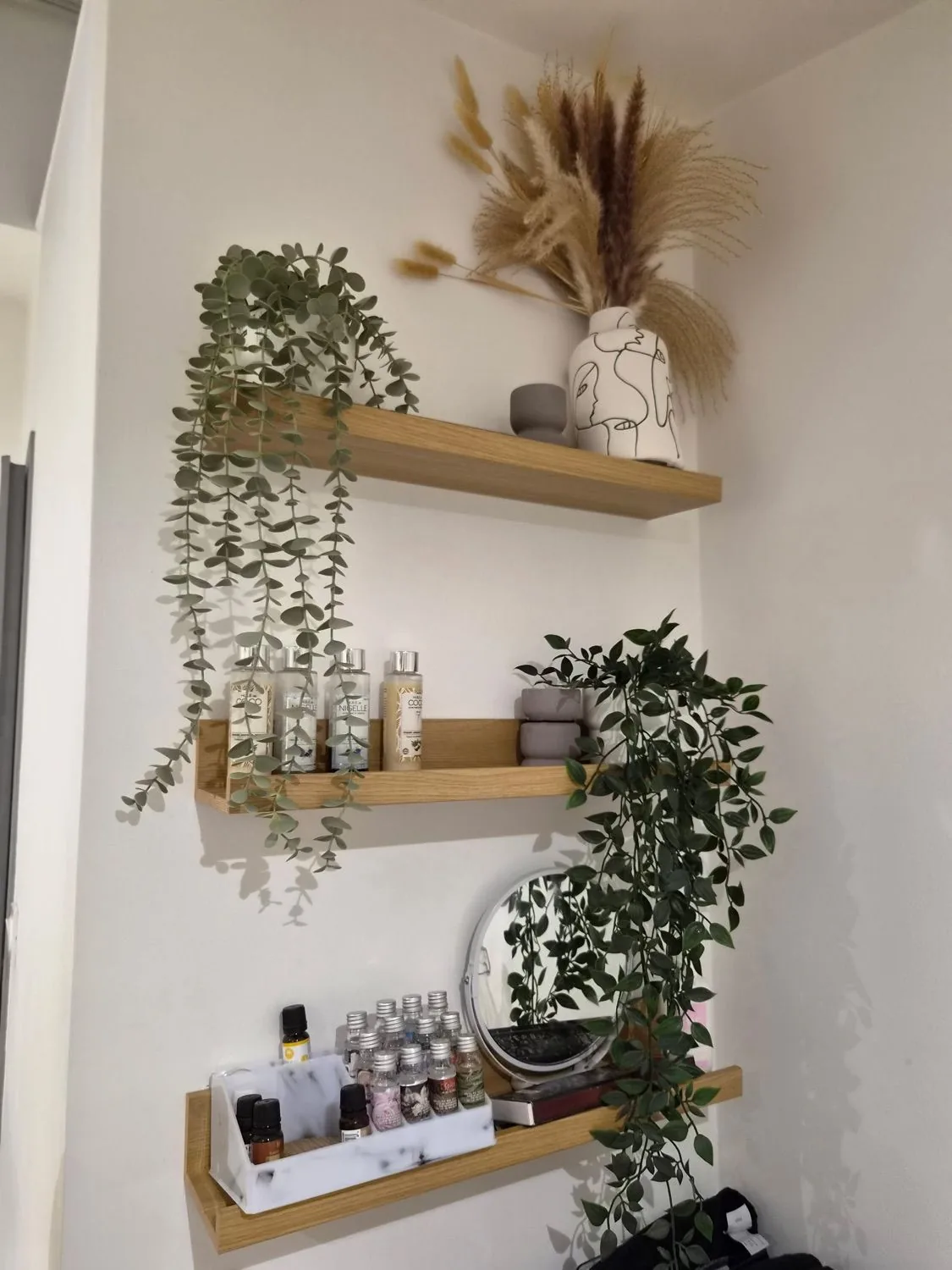 Étagères et détails naturels du studio TouShe à Lyon 9e (Vaise)